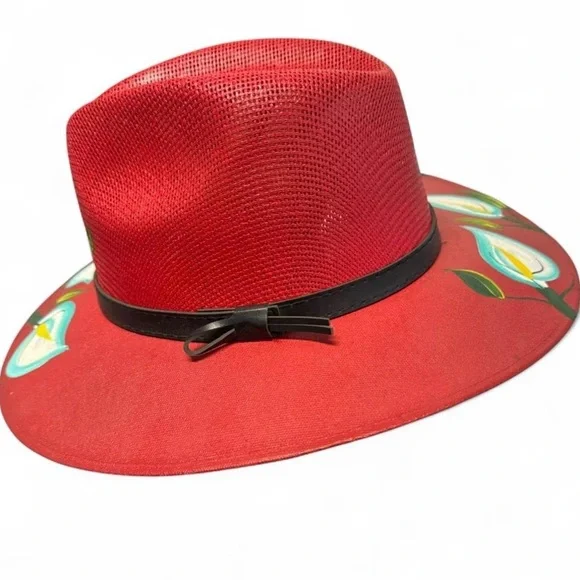 Hand-Painted Oaxaca Artisan Fedora – Red with Pale Turquoise Calla Lily Design